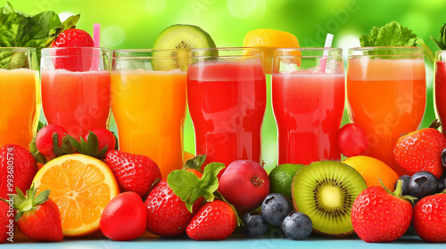 A delightful collection of refreshing fruit juices fills glasses, each accompanied by an array of fresh fruits, creating a lively summer atmosphere perfect for a gathering. Generative AI