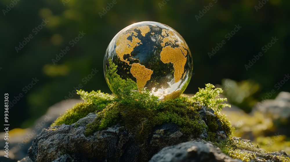 Crystal globe with world map against the background of mossy forest. Concept of environment protection and conservation. 
