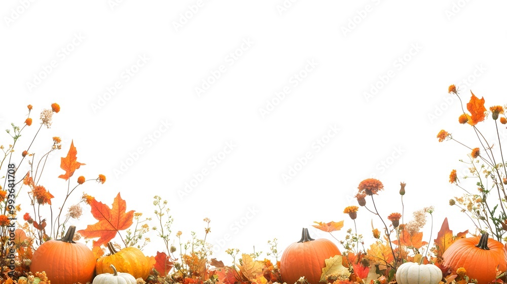 Fototapeta premium A white background with a fall-themed border made of pumpkins, leaves, and sunflowers on the right side
