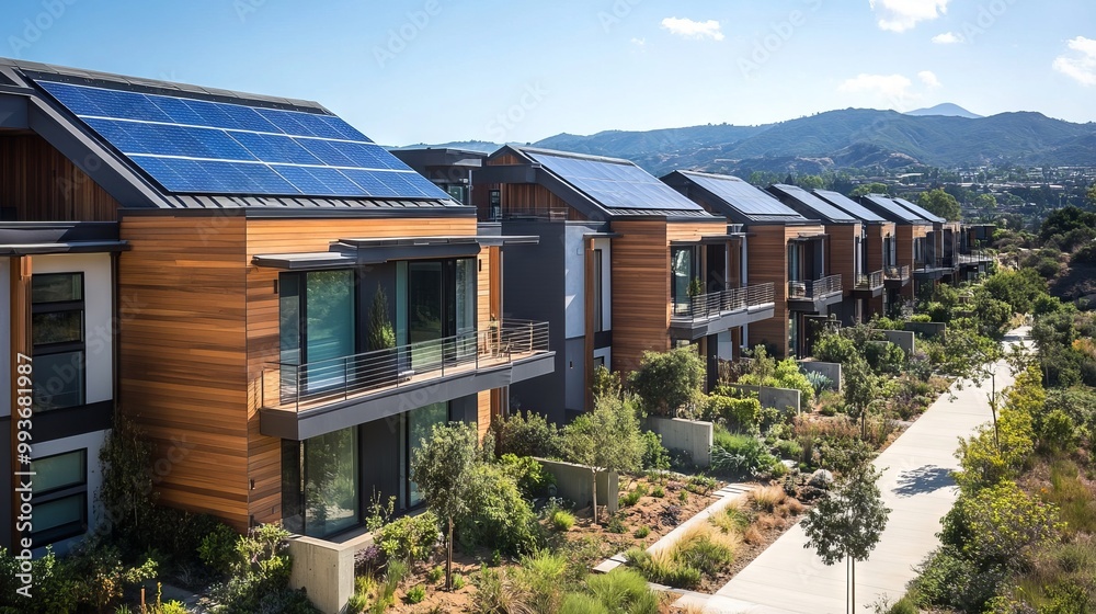 Sustainable Living: Modern Townhouses in California's Green Valley. AI generated illustration Sustainable Living: Modern Townhouses in California's Green Valley. AI generated illustration
