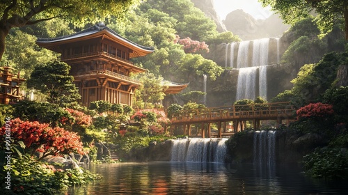 Tranquil Serenity: A Fantasy Japanese Garden. AI generated illustration