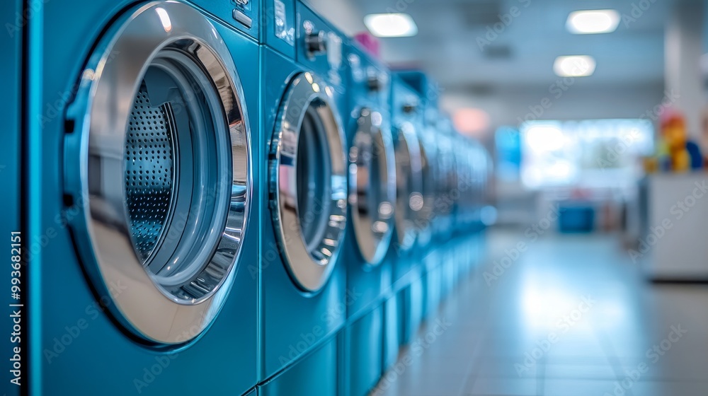 Clear view of washing machines in a laundry shop with a blurred background Clear view of washing machines in a laundry shop with a blurred background