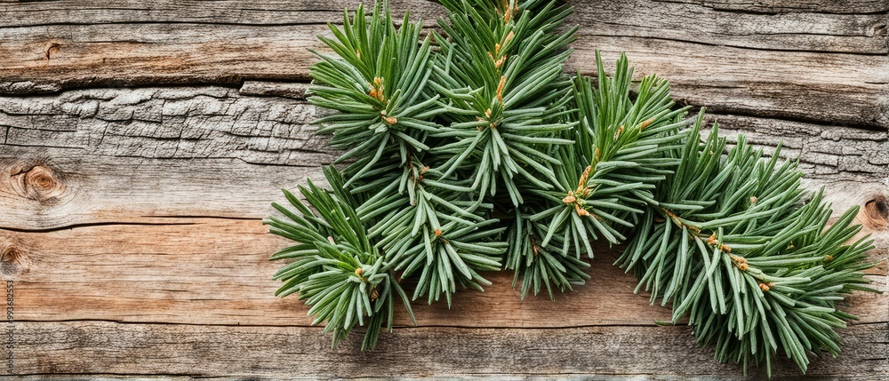 Green Pine Branches on Rustic Wooden Background