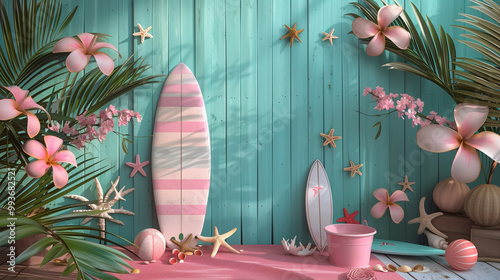 Tropical Beach Decor with Surfboards. Colorful summer scene with surfboards, beach accessories, flowers, and palm leaves arranged in front of a pastel turquoise wooden wall, evoking a tropical vacatio