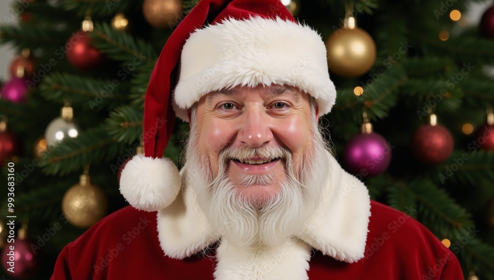 Santa Claus poses by a Christmas Tree Santa Claus poses by a Christmas Tree