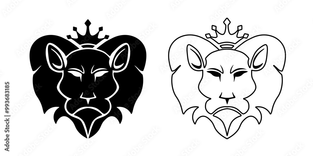 Obraz premium Lion heads with corona. Leo black emblems. Luxury dark tattoo. Royal black outline.