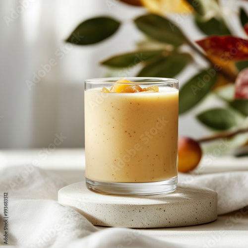 Healthy drink in a glass with fall background decoration, high resolution realistic food photography created with Generative AI