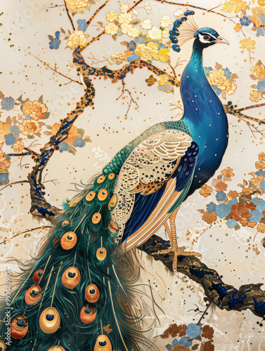 peacock, silk enamel, silk, gold, bule and gold, white background, cloisonne style