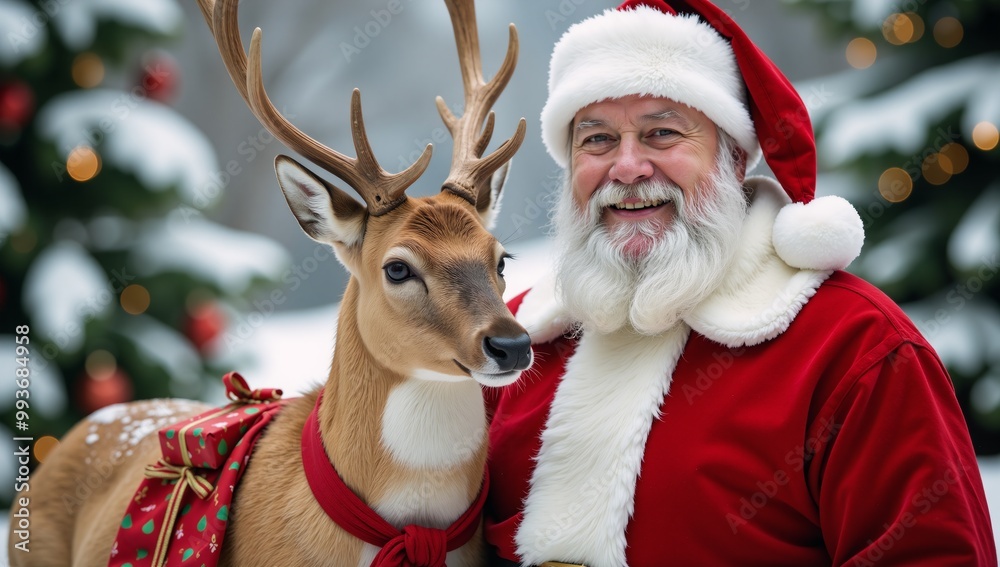 Watercolor illustration featuring Santa Claus and a deer exchanging gifts together