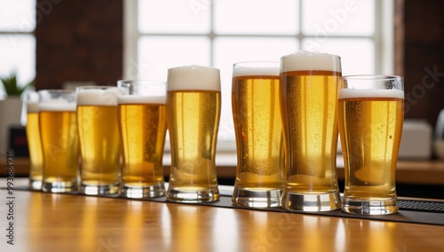 Draft beers arranged neatly in rows on a bar countertop photo