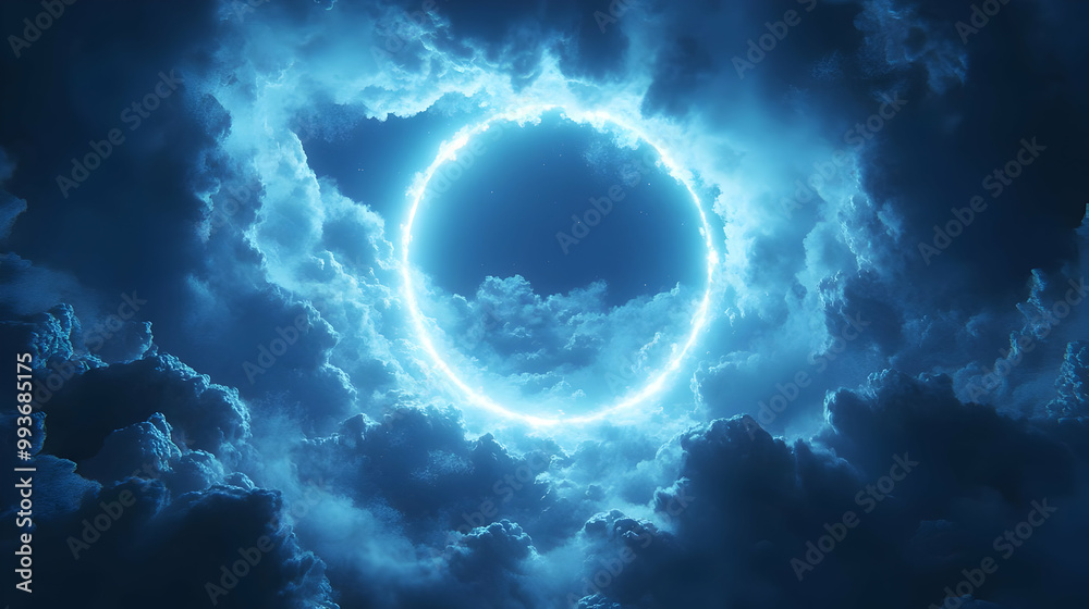 Blue Glowing Ring in Stormy Clouds Abstract Background Blue Glowing Ring in Stormy Clouds Abstract Background