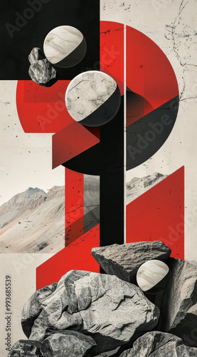 poster design, composition of shapes and forms in red black white grey with geometric elements, with rocks and stone