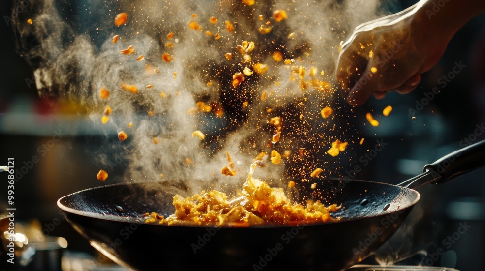 A close-up of a chef skillfully stir-frying in a hot wok, with steam rising and colorful ingredients flying around, capturing the energy of cooking. A close-up of a chef skillfully stir-frying in a hot wok, with steam rising and colorful ingredients flying around, capturing the energy of cooking.