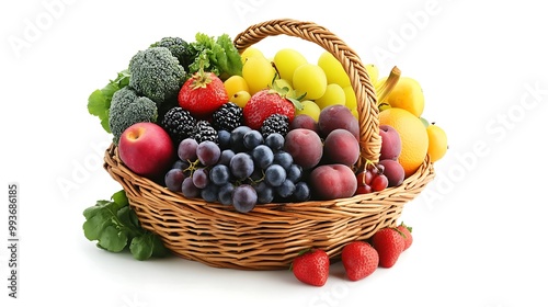 A wicker basket overflowing with fresh fruits and vegetables, including grapes, strawberries, apples, plums, and broccoli.