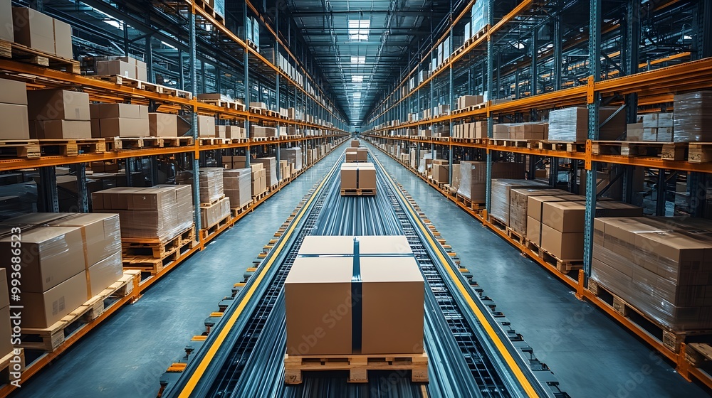 Fototapeta premium Parcel sorting area in a modern distribution center, freight forwarding operations