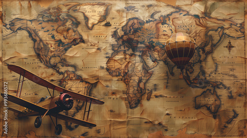 Vintage World Map and Airplane. A vintage world map with a red airplane and a hot air balloon.