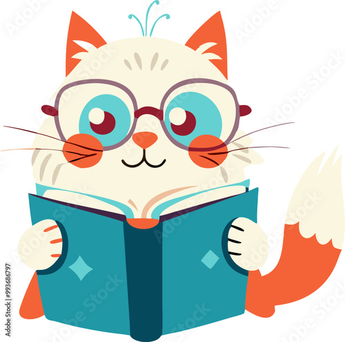 cute, long-haired white cat with glasses reading a book, icon