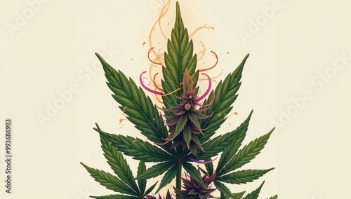 Digital art depicts a spiritual spirit residing within a stylishly illustrated cannabis plant photo