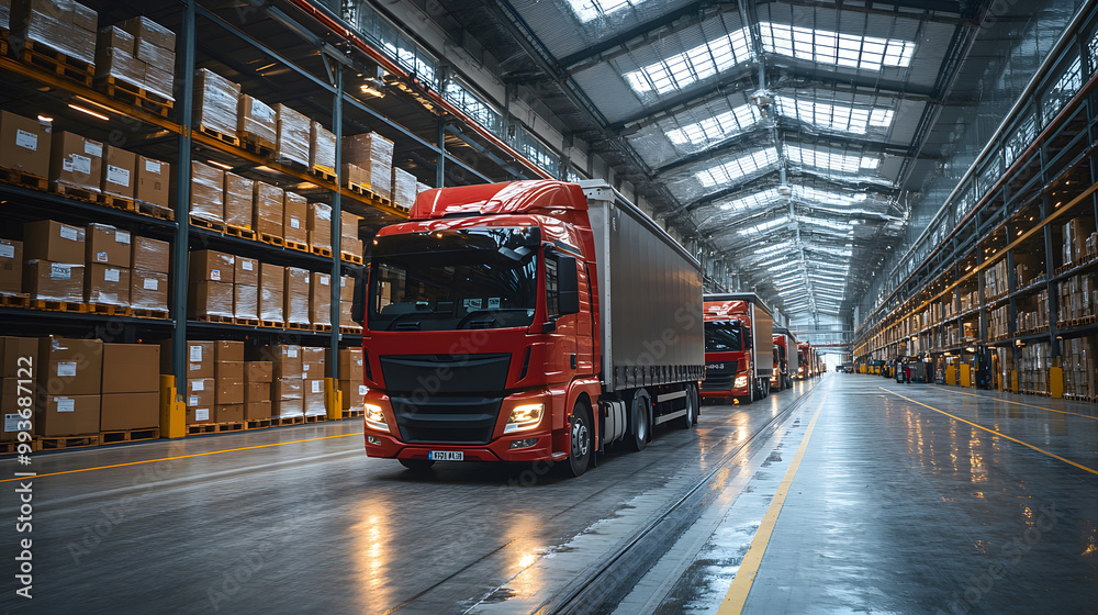 Delivery trucks being loaded with parcels at a warehouse for local and global shipping Delivery trucks being loaded with parcels at a warehouse for local and global shipping