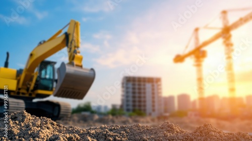 Excavator at construction site, sunset background photo