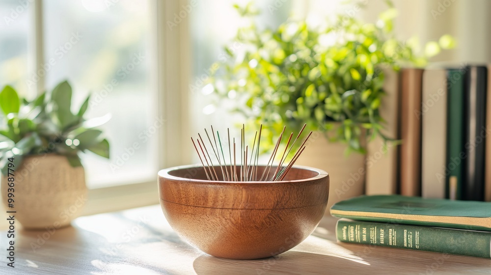 Serene Acupressure Needles in a Wooden Bowl with Greenery. AI generated illustration Serene Acupressure Needles in a Wooden Bowl with Greenery. AI generated illustration
