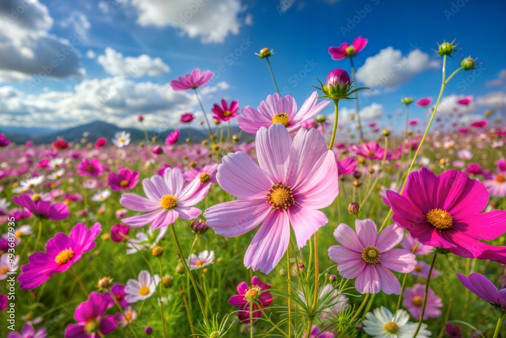 Closeup of pink cosmos flowers blooming against blue sky Closeup of pink cosmos flowers blooming against blue sky