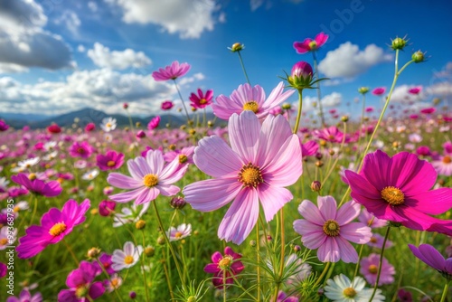 Closeup of pink cosmos flowers blooming against blue sky