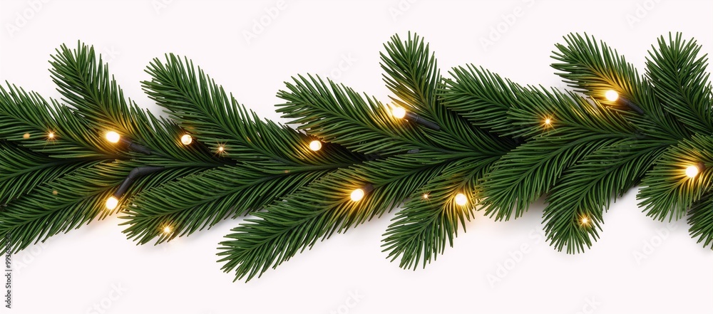 Christmas-themed border featuring lights a garland and coniferous branches against a transparent backdrop
