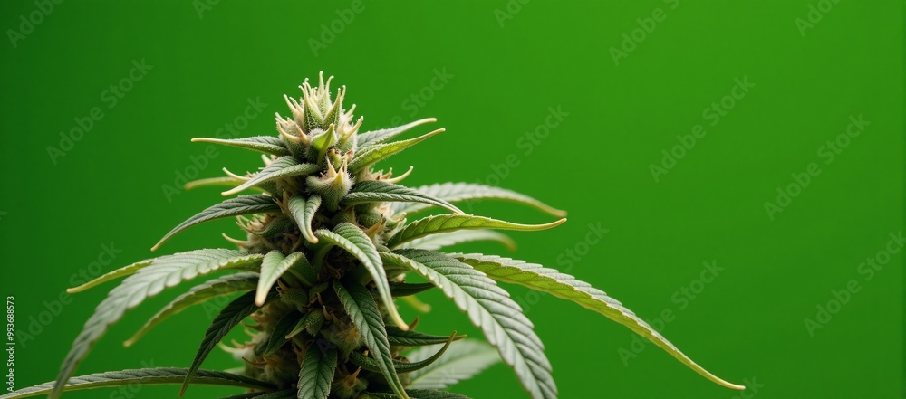 Close-up image of a cannabis plant against a green backdrop Close-up image of a cannabis plant against a green backdrop