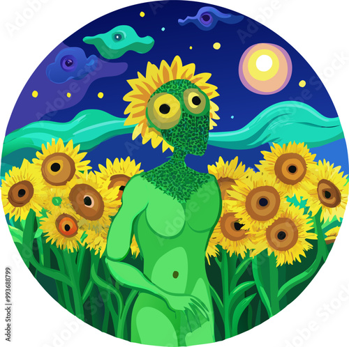 surreal and vibrant painting featuring a humanoid figure with a sunflower head the sunflower has