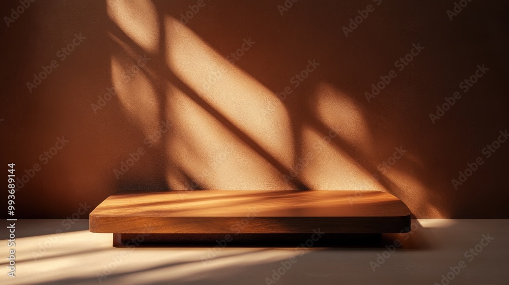 Naklejka premium A minimalist wooden display platform with soft shadows against a warm background.