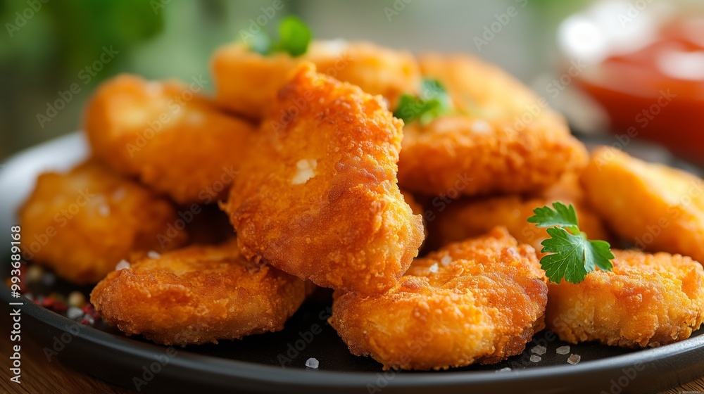 Crispy, golden-brown chicken nuggets garnished with fresh parsley on a plate. Crispy, golden-brown chicken nuggets garnished with fresh parsley on a plate.