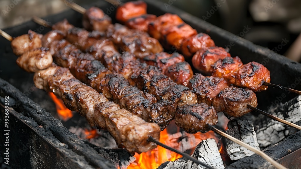 Tasty Barbecue on Glowing Charcoal Grill for Outdoor Dining and Tasty Barbecue on Glowing Charcoal Grill for Outdoor Dining and