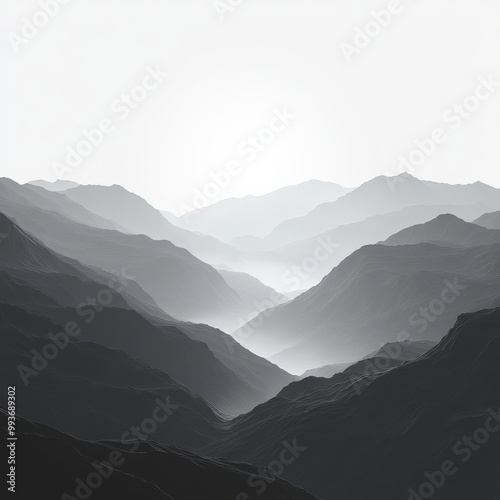 Monochrome mountain silhouette horizon with gradient shades of gray