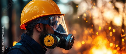 Worker in safety gear with respirator, fire background photo