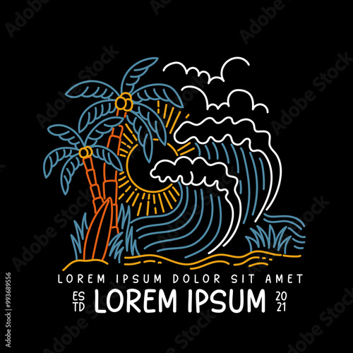 colorful summer design, line art beach scene, summer design vector illustration