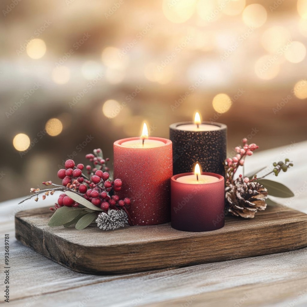 Elegant arrangement of three candles with festive decorations, creating a warm and cozy ambiance for the holiday season.