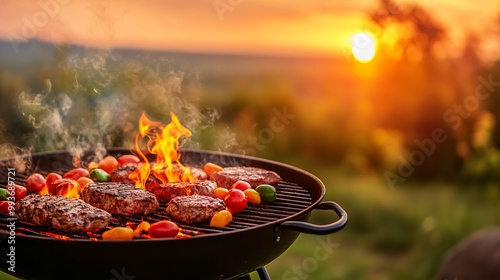 Sizzling Steaks and Vegetables on a Barbecue Grill at Sunset. AI generated illustration