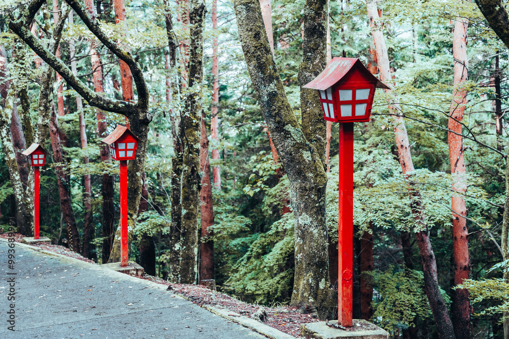 Red lanterns and green forest near mount Fuji