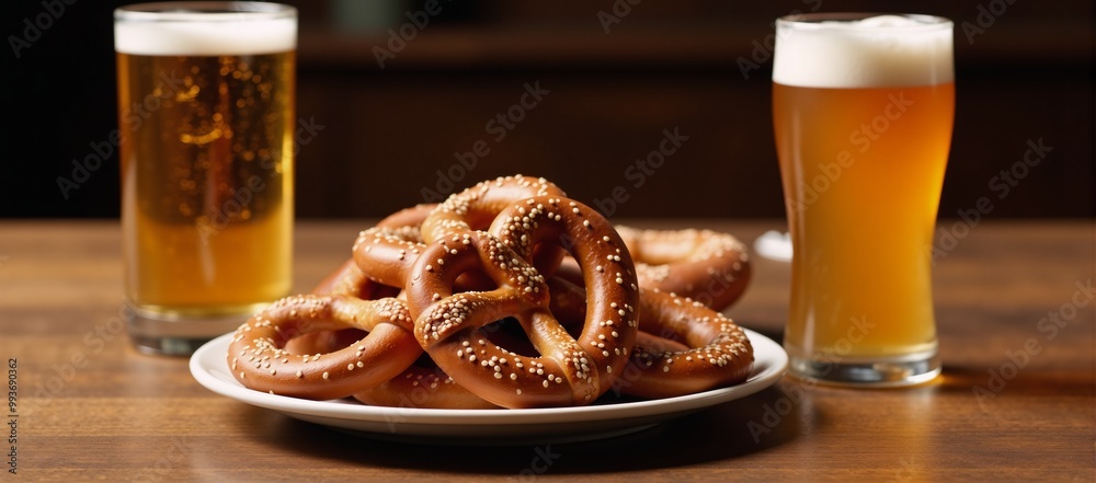 Oktoberfest scene Pretzel platter with sesame-seeded pretzels beer glasses on a rustic wooden table Oktoberfest scene Pretzel platter with sesame-seeded pretzels beer glasses on a rustic wooden table