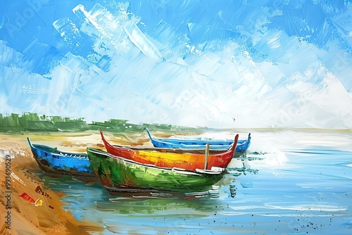 Beautiful watercolor painting o the seascape in turquoise color with an old boat on the beach and sun reflection in the water