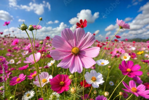 Field of pink and white cosmos flowers under clear blue sky #993690942