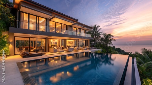 Stunning Luxury Villa with Panoramic Ocean View at Sunset. AI generated illustration