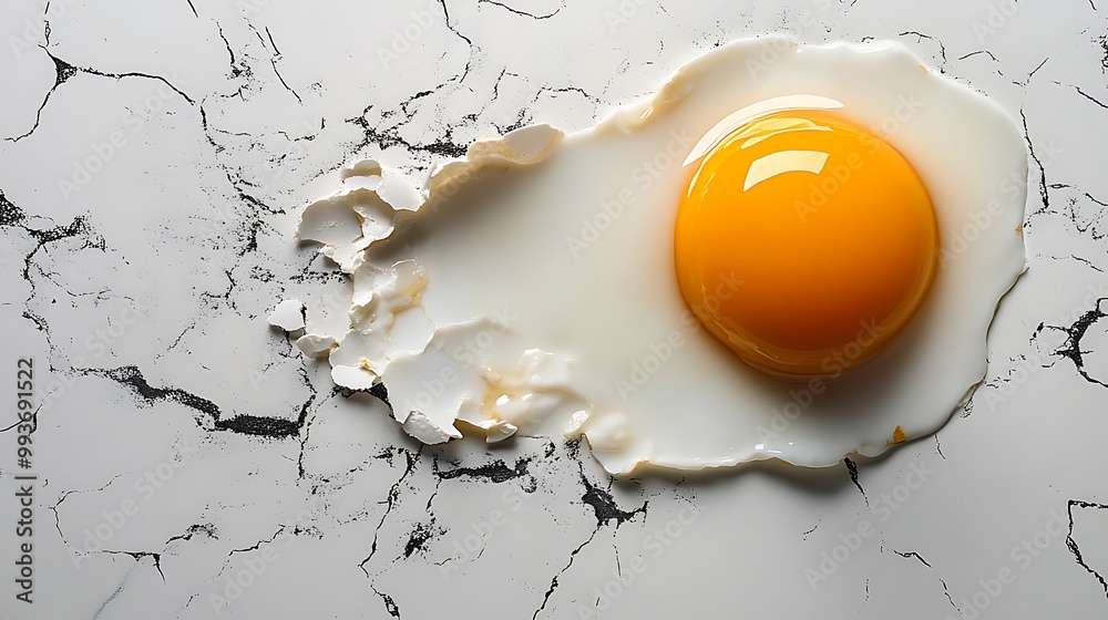A perfectly cooked fried egg with a runny yolk sits on a white marble background. A perfectly cooked fried egg with a runny yolk sits on a white marble background.
