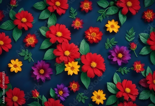 Colorful flowers and leaves on a dark blue background