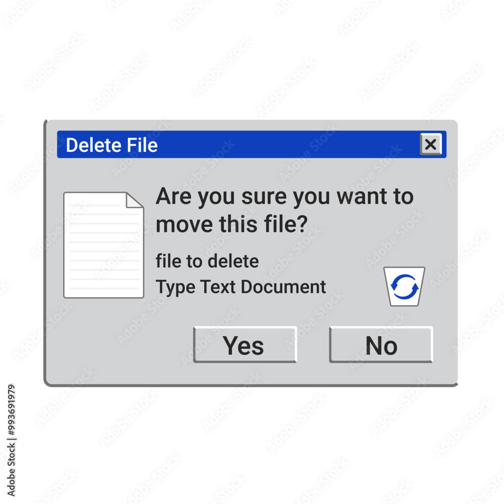 Retro delete file message. Recycling bin window. Remove text document. Delete documents pop up. Retro delete file message. Recycling bin window. Remove text document. Delete documents pop up.