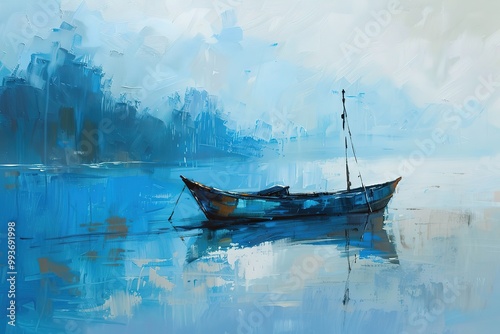 A small boat moored at the seaside, home painting, oil painting