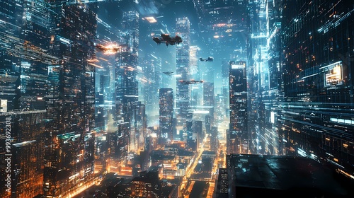 The image is a digital painting of a futuristic cityscape, with tall buildings, bright lights, and flying vehicles.  The city is illuminated by neon signs and streetlights, creating a vibrant and dyn