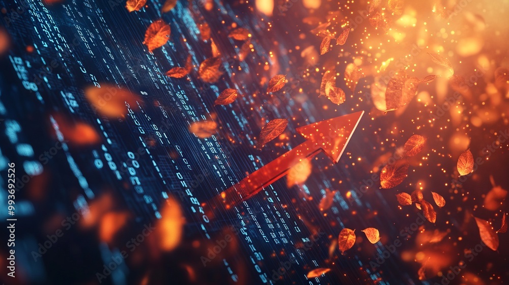 Fototapeta premium Cascading Orange Leaves Against a Stock Market Digital Background. AI generated illustration