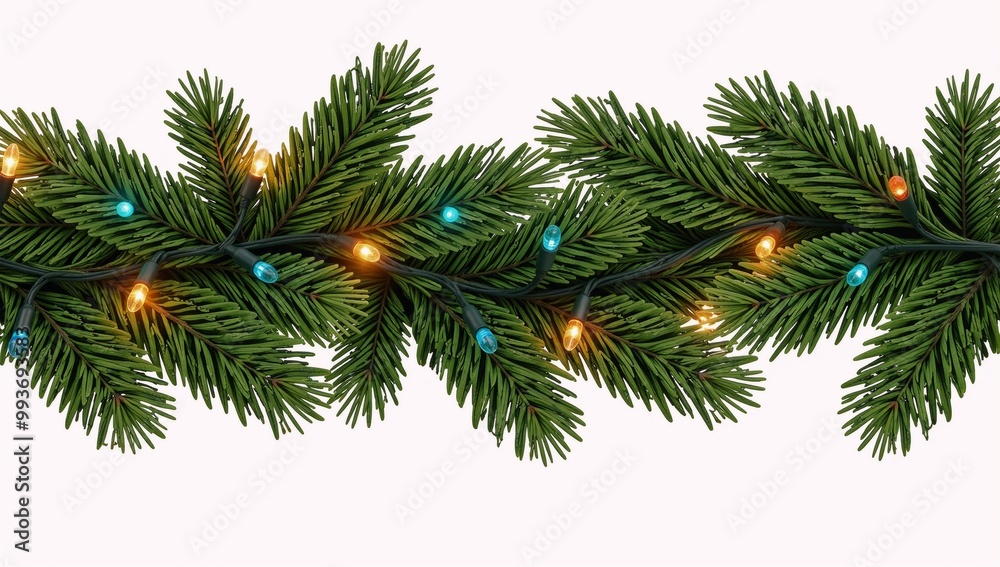 Christmas-themed border featuring lights a garland and coniferous branches against a transparent backdrop Christmas-themed border featuring lights a garland and coniferous branches against a transparent backdrop